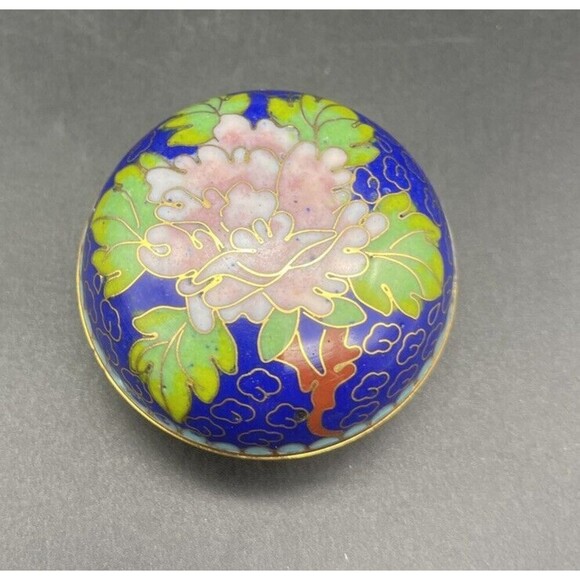 VTG Chinese Cloisonné Blue w/ Flowers Trinket Box 2” - Picture 2 of 5